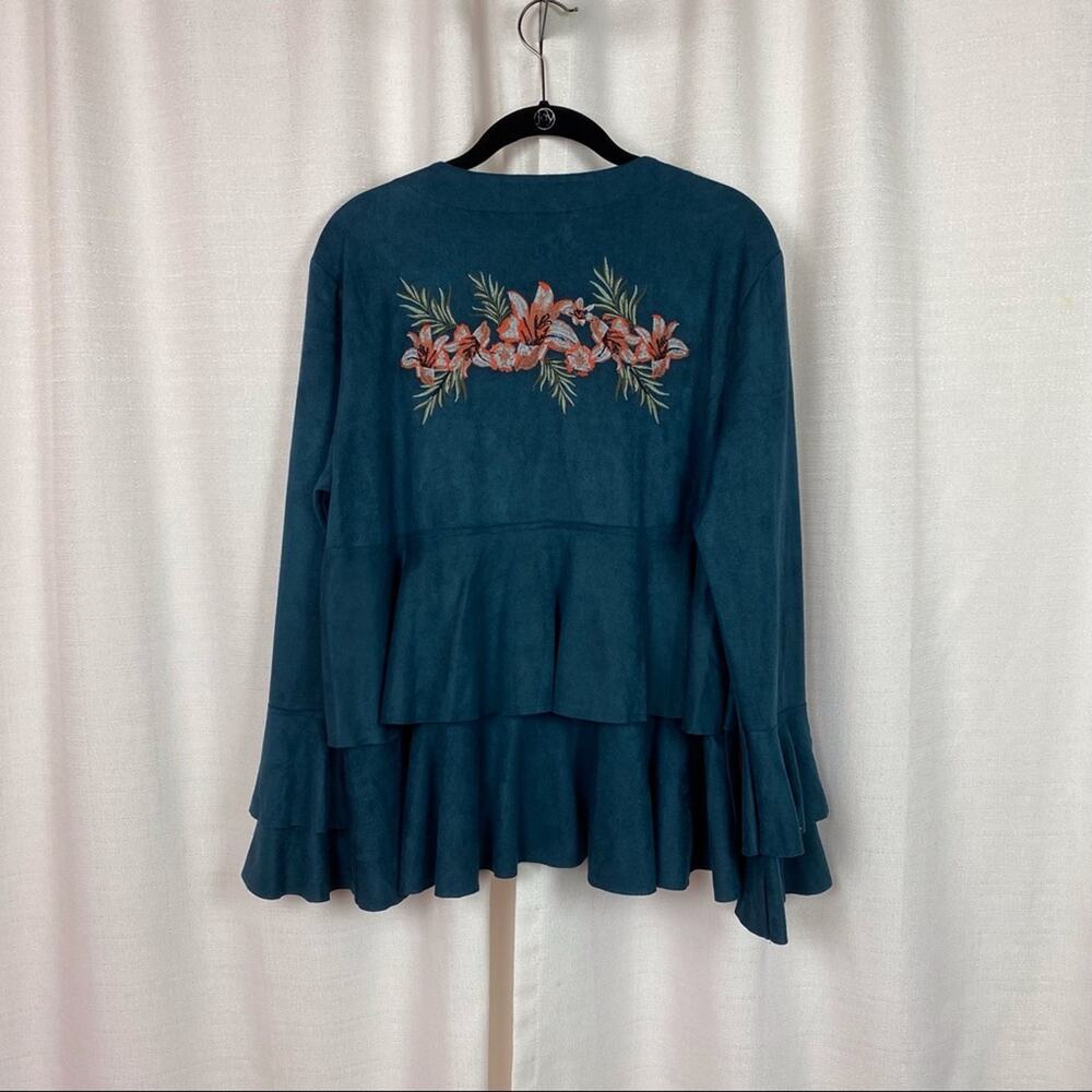 JOH Teal Velvet Floral Embroidered Ruffle Jacket Sz.XL NWT